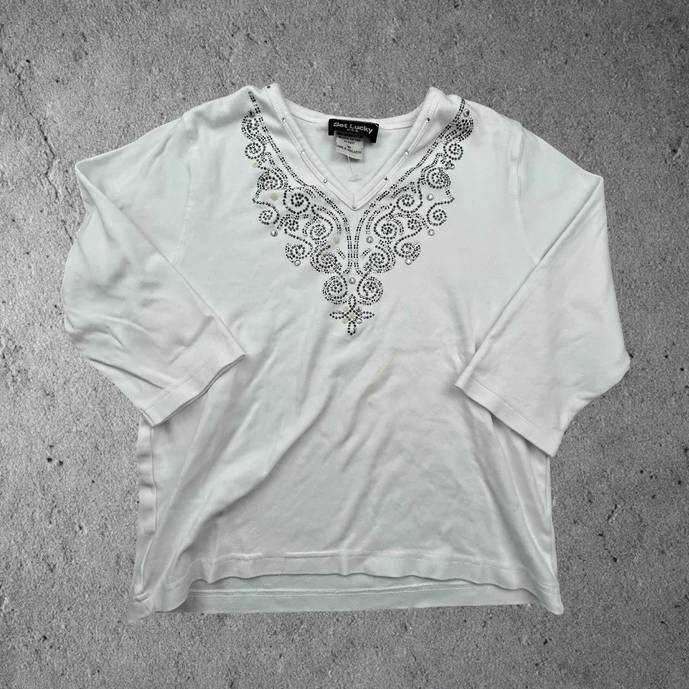 Get Lucky Vintage Y2K White Rhinestone Embellished V-Neck Long Sleeve Top Small‎
